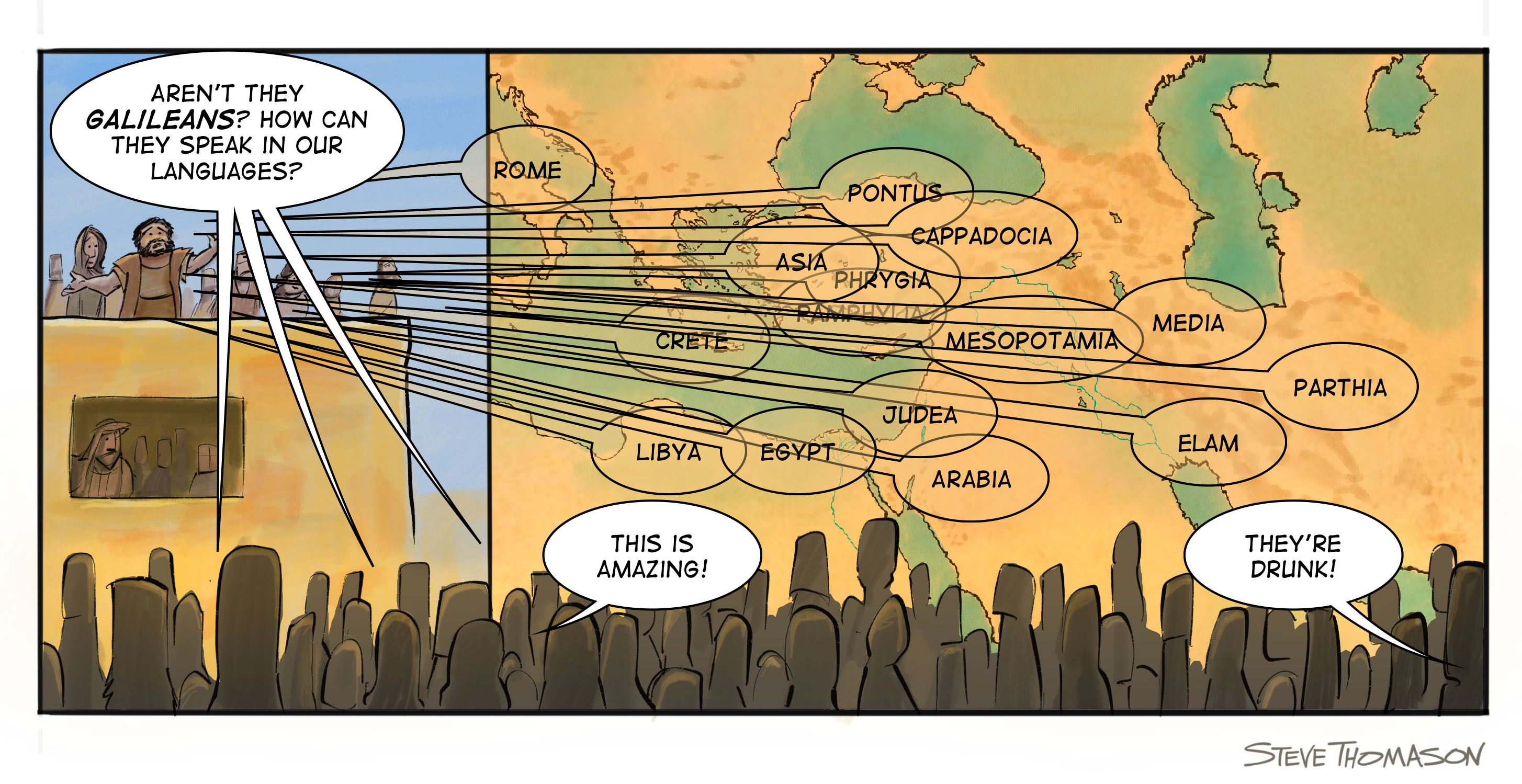 The crowd hears the disciples speaking, each in their own language.