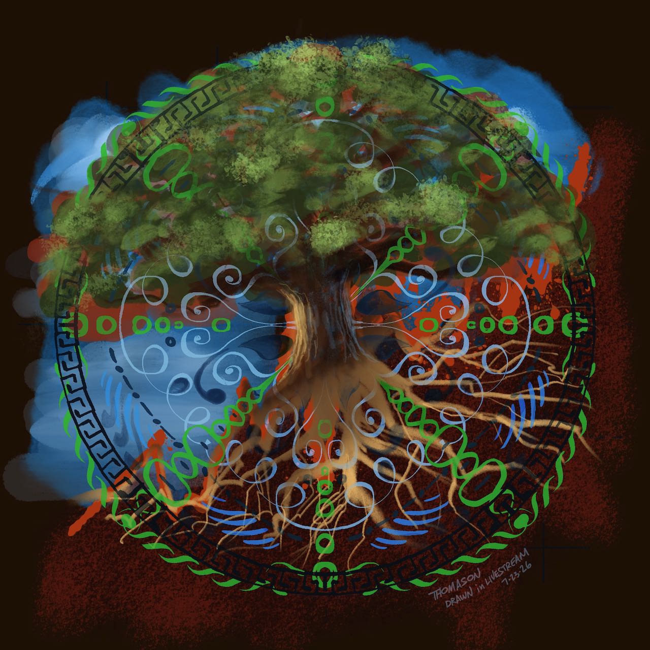 a tree of life in the middle of a mandala speninning in circles. It is contrasted with a growht chart in the background. Does our life move in aan upward line or in a cirlce?