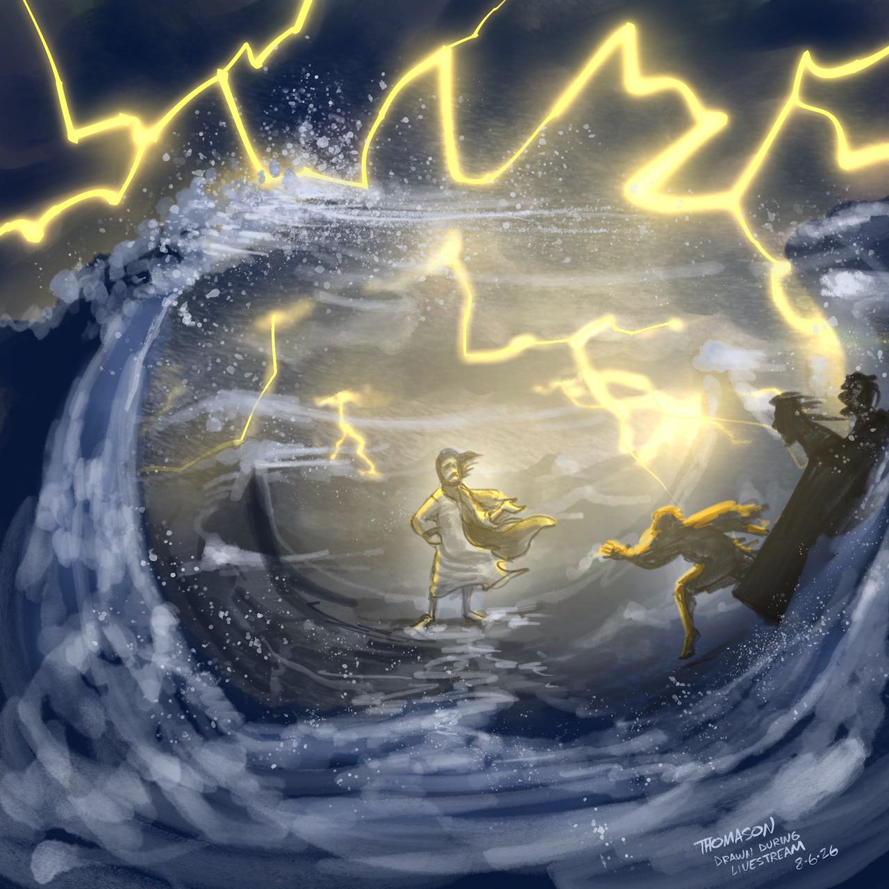 Jesus walks on the water in the midst of a storm. Peter walks out to him on the water but begins to sink when he notices the wind.